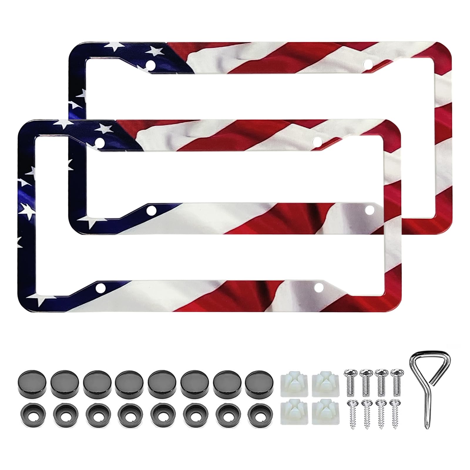 Lin Kang American Flag License Plate Frame Holder - 2 Pack Universal Aluminum Matte Stripe Us Flag Gloss Patriotic Car Plate Fra