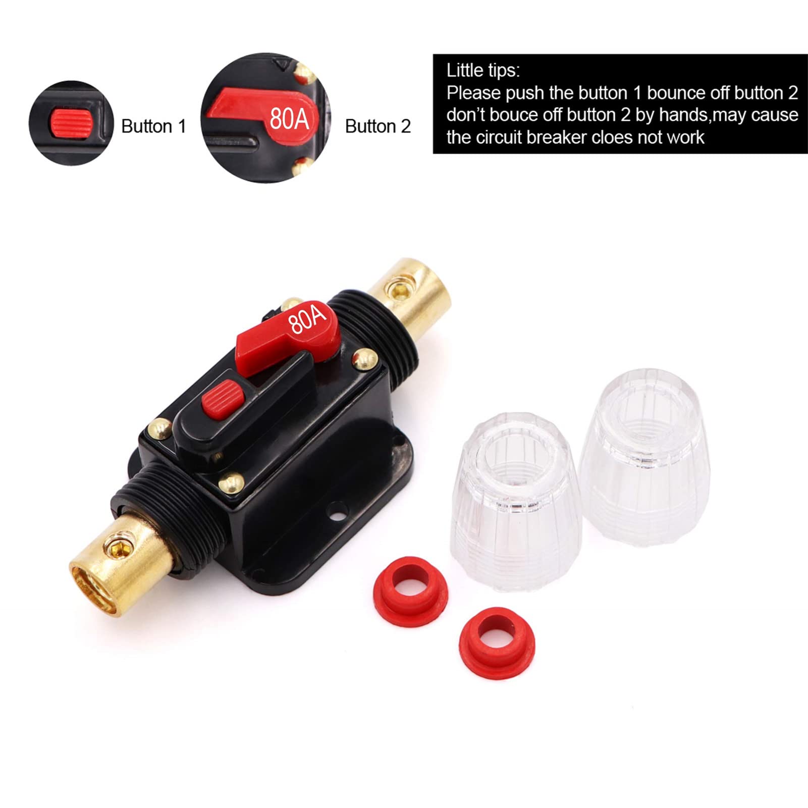 2 Piece 80A Audio Inline Circuit Breaker 12V with Manual Reset,80 amp Inline Fuse 0-8 Gauge for Car Audio, Stereo Switch and Sol