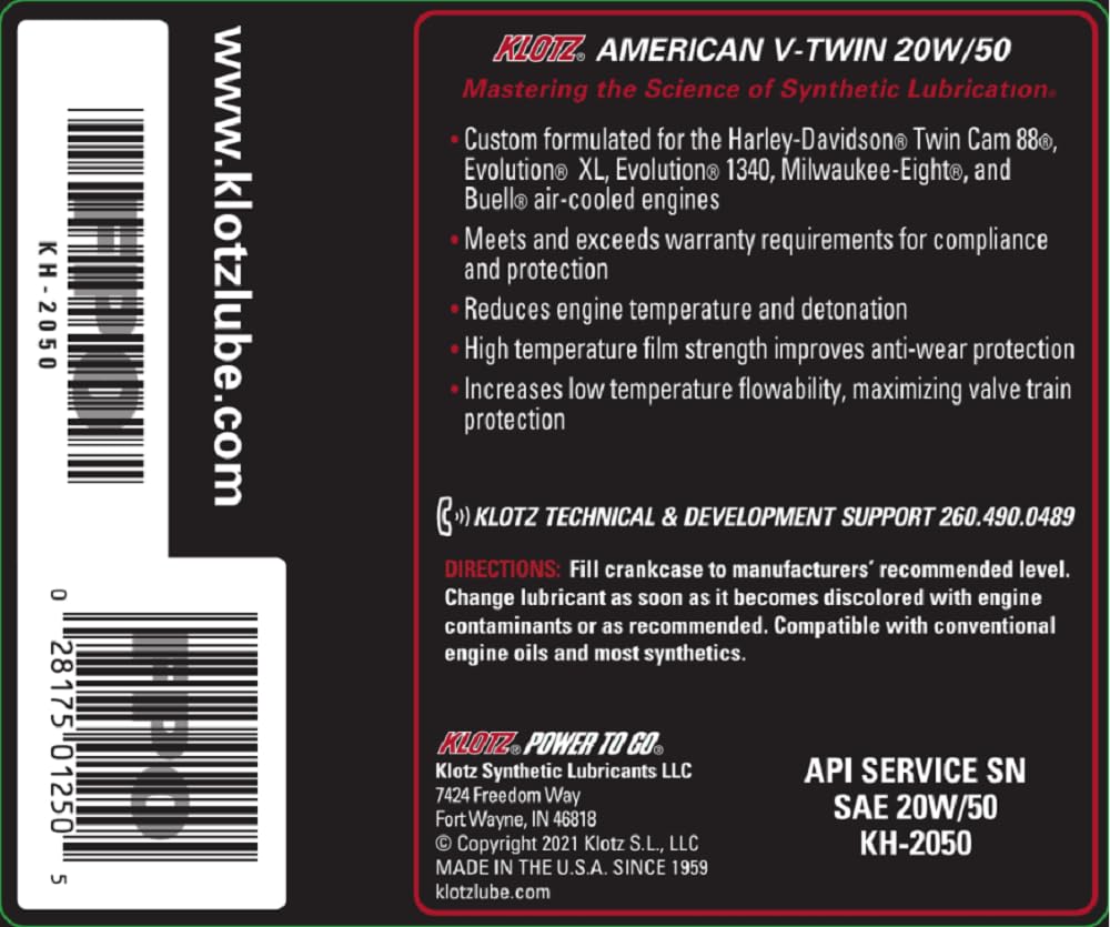 Klotz 20W/50 Synthetic Motor Oil Change Kit for Twin Cam 1999-2018 & Milwaukee-Eight 2017-2024 (4-Quart Basic Kit)