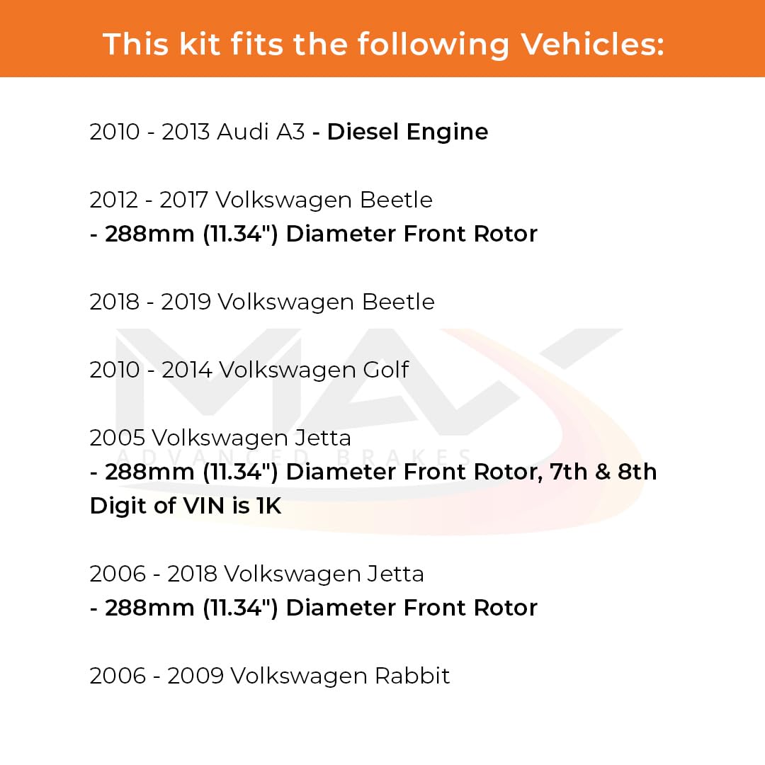Max Advanced Brakes Front Brake Kit For Vw Jetta Beetle Golf Rabbit Audi A3 W/ 11.34' Front Rotor Replacement Premium Oe Disc Brake Rotors And Ceramic Brake Pads