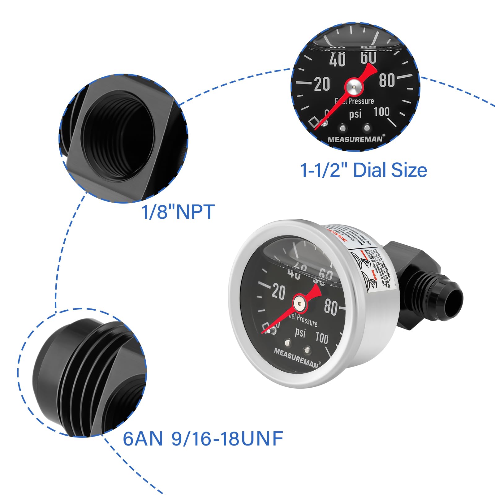 Measureman 0-100Psi Stainless Steel Glycerin Filled Fuel Pressure Gauge, 1-1/2'' Black Dial, With 6An Fuel Pressure Take Off Fit