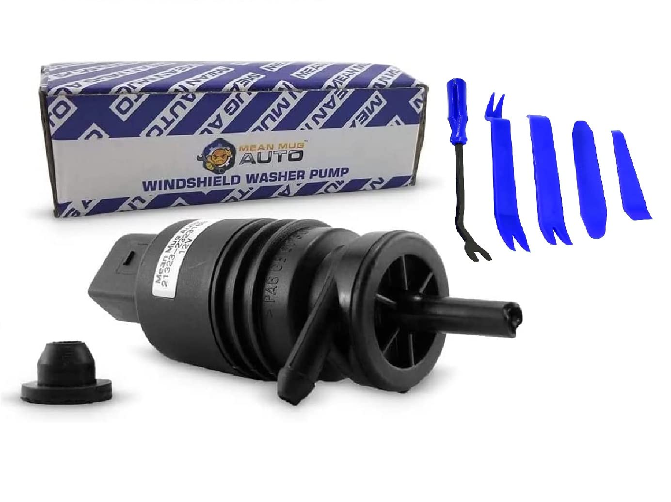 Mean Mug Auto 16212-21616A Windshield Washer Pump with Universal 5 Pcs Pry Tools Kit- Compatible with BMW, Audi, Mercedes-Benz - Replaces OEM #: 67128362154, 67128377612