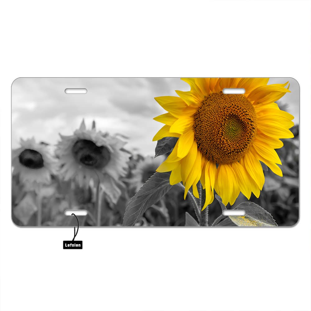 Lefolen Sunflower Front License Plate Bright Sunflower On Gray Sunflowers Field Metal Plates Vanity Tag Aluminum Novelty For Men