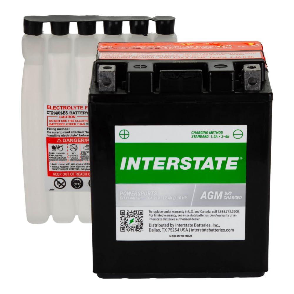 Interstate Batteries Ytx14Ah-Bs 12V 12Ah Powersports Battery 210Cca High-Performance Agm Rechargeable Replacement For Kawasaki,