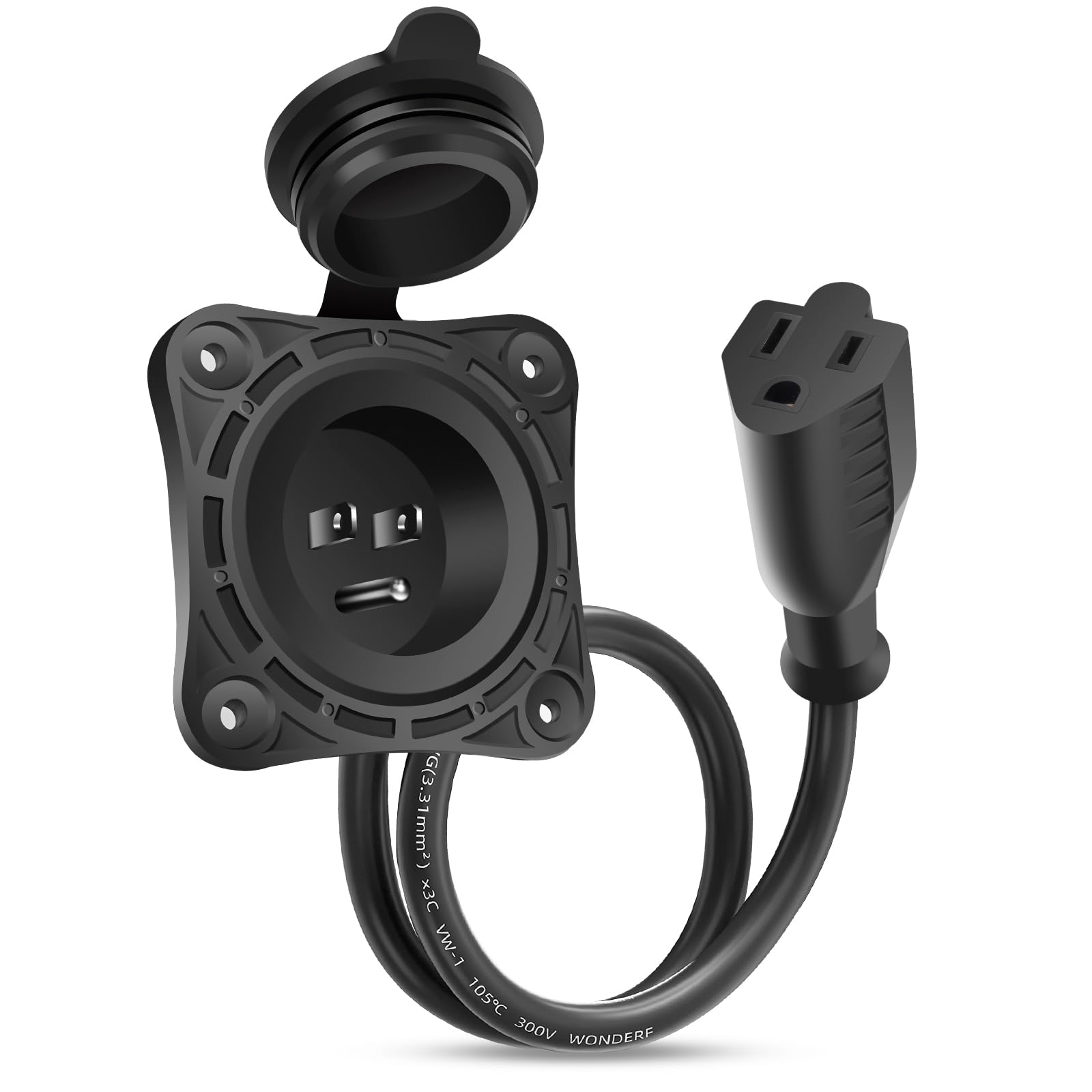 FMATOZ 1 Pack 15 Amp RV Shore Power Inlet Socket,125V AC Port RV Plug Receptacles 18 NEMA 5-15 Integrated Extension Cord Waterpr