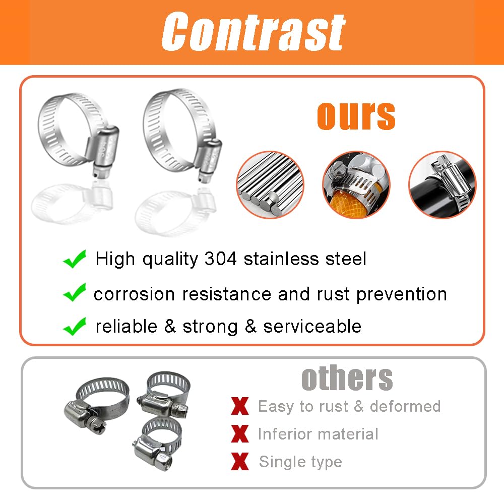 Dianrui 60 PCS Hose Clamp Assortment Kit 1/4 ''-1-1/2 '' (6-38mm) Hose Clamps Stainless Steel Worm Gear Hose Clamps for Fuel Lin