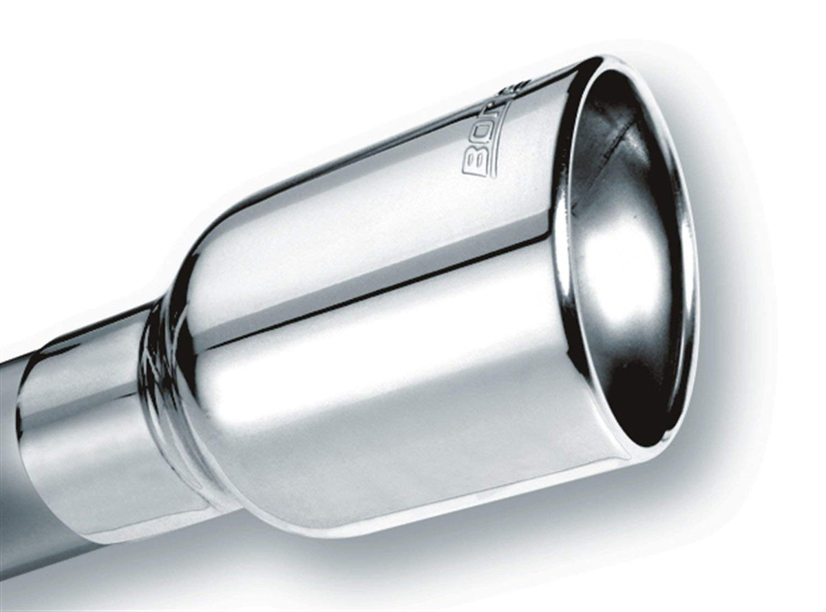 Borla 20156 Exhaust Tip 2.5 Inlet - 4 Single Round Rolled-Edge Angle-Cut Lined Outlet - 6.25 Long Exhaust Tip Embossed With Borla Logo. Clamp On Mounting Method. Clamp Included.