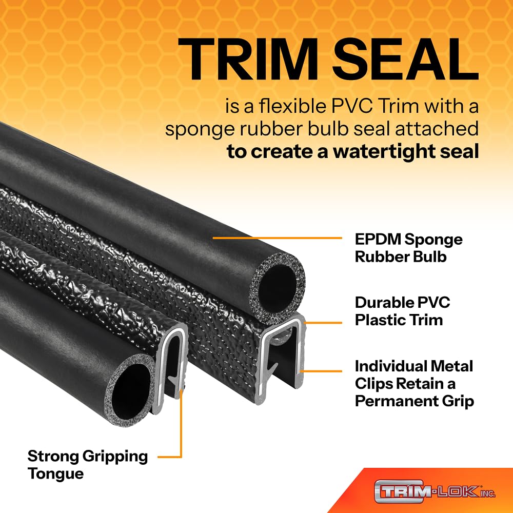 TRIM-LOK Trim Seal with Side Bulb - PVC, EPDM Rubber, 25ft, Fits 1/16” Edge, 3/4” Bulb Diameter for Cars,