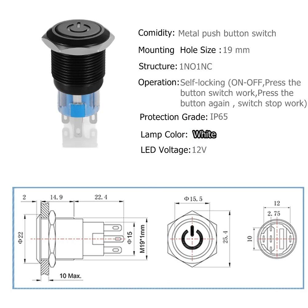 Quentacy 19Mm 3/4' Latching Pushbutton Switch 12V Power Symbol Led 1No1Nc Spdt On/Off Black Metal Waterproof Toggle Switch With Wire Socket Plug (White)