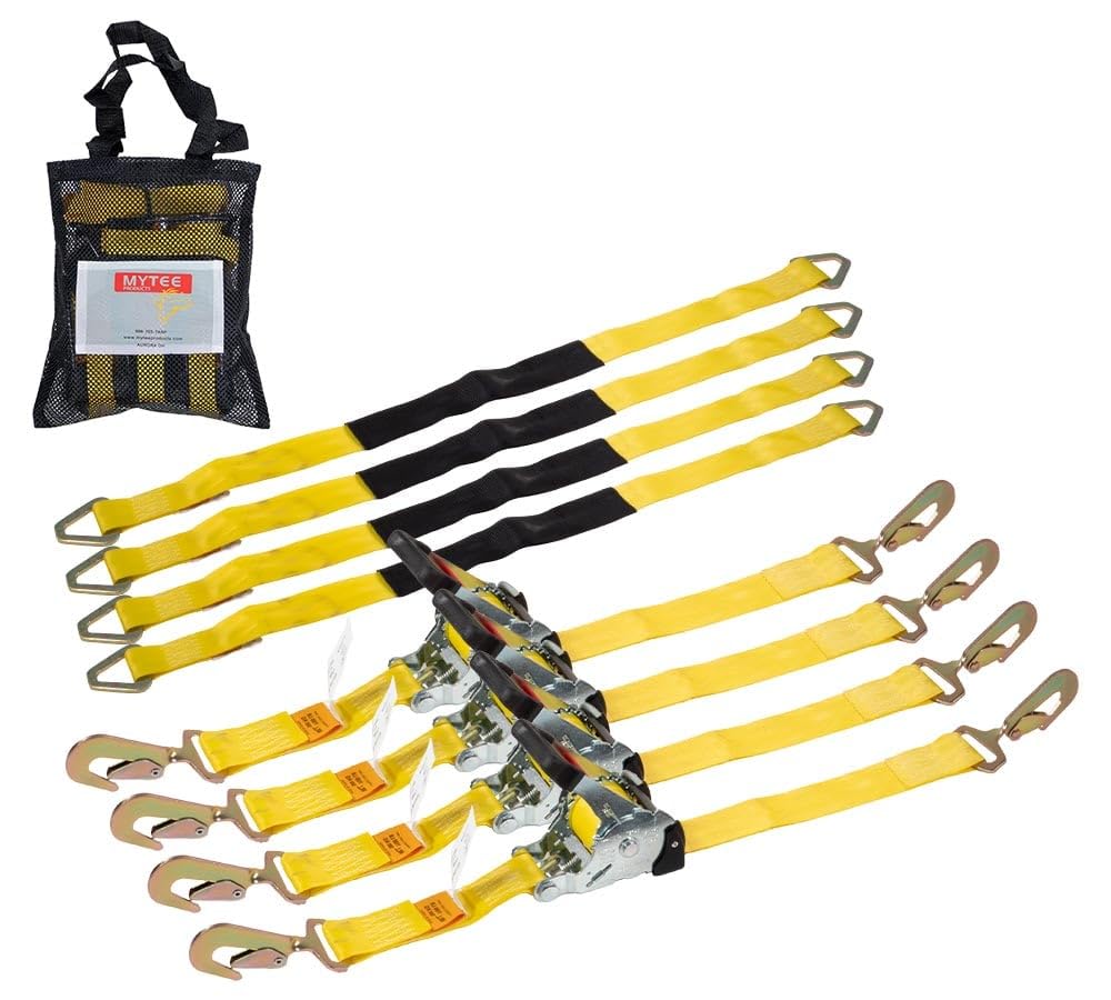Mytee Products 4Pack 1x12 Retractable Ratchet Straps Kit w/Snap Hook, Axle Straps w/Delta Ring, Protective Sleeve, Storage Ba
