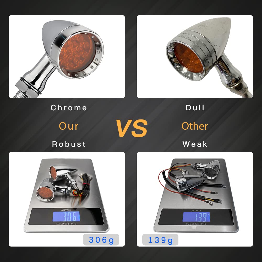 Motorcycle Turn Signals Led Bullet Front Rear Indicator Lights Universal Compatible For Harley Davidson Cruiser Iron Softail Street Bike Honda Shadow Yamaha Chopper Bobber Cafe Racer(Chrome/Amber-B)