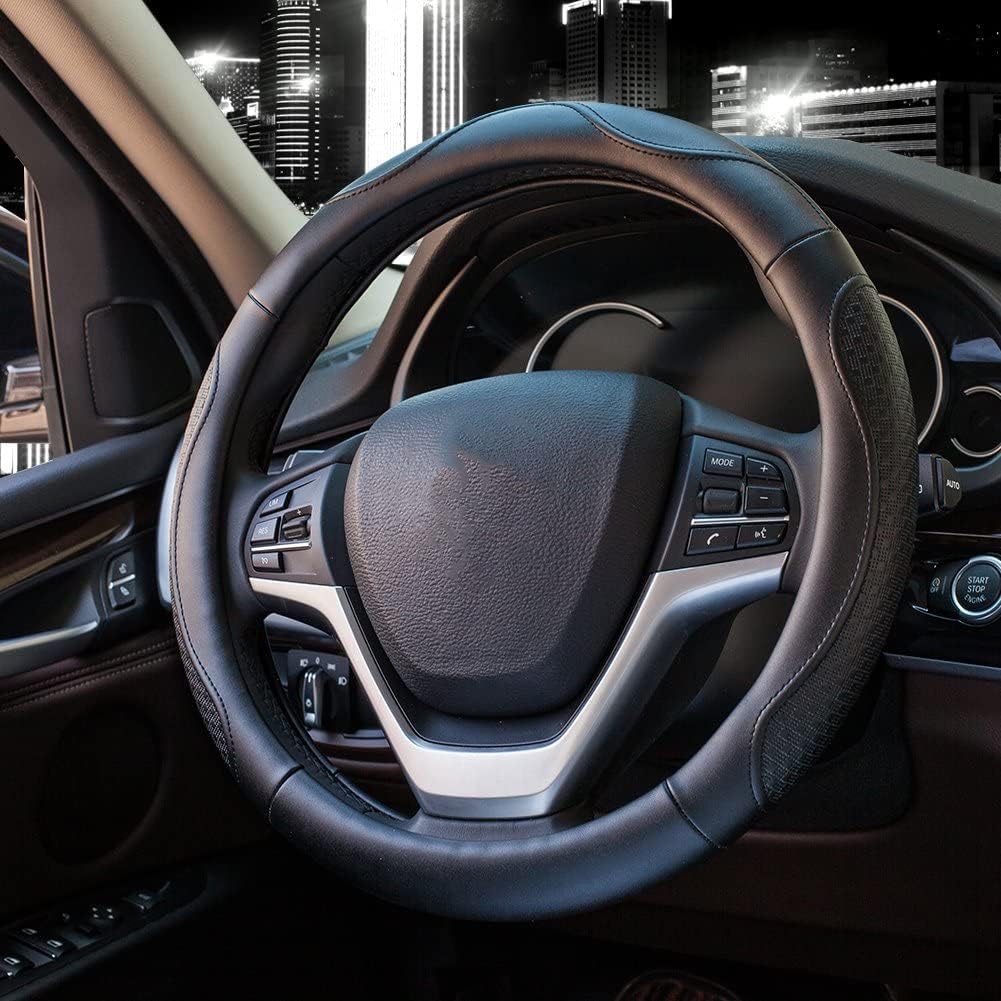 Valleycomfy Leather Steering Wheel Covers Universal 15.75 Inch -Breathable, Anti Slip & Odor Free (Black With Black Lines,L(15''