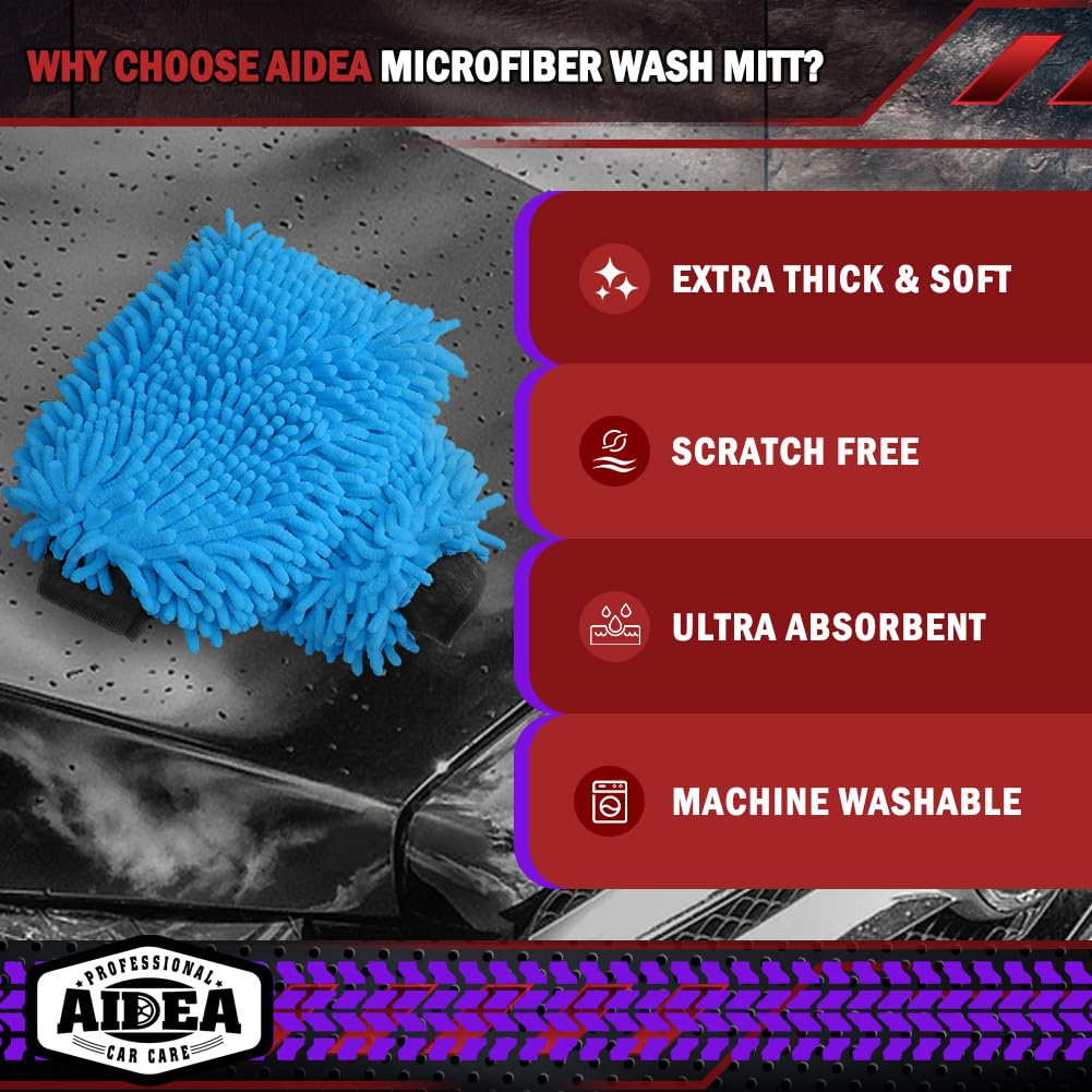 Aidea Car Wash Mitt Microfiber2Pk, Scratch-Free& Lint-Free, Premium Chenille Microfiber Wash Mitt-Blue Extra Large Size (8''X12'
