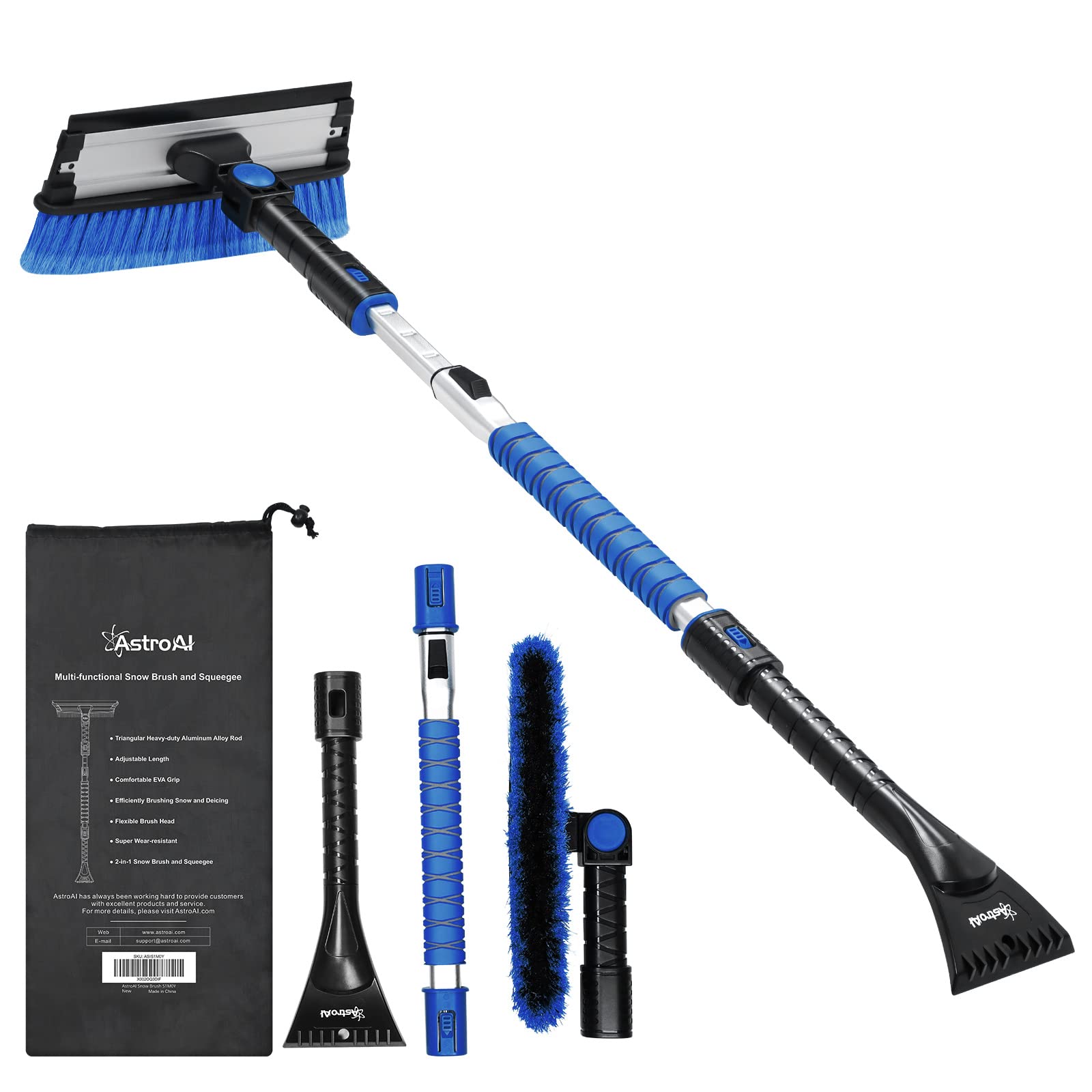Astroai 47.2'' Ice Scrapers For Car Windshield, 3 In 1 Sturdy Snow Brush With Squeegee, 10 Adjustable Length Settings, Extendabl