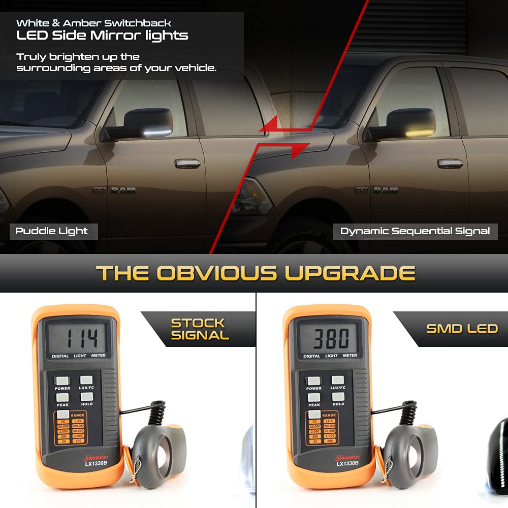 Vipmotoz Smoked Lens Switchback Full White & Amber Led Side Mirror Turn Signal Light Puddle Lamp For 2009-2018 Compatible With Dodge Ram 1500 2500 3500 Classic Pickup Truck, Driver & Passenger Side