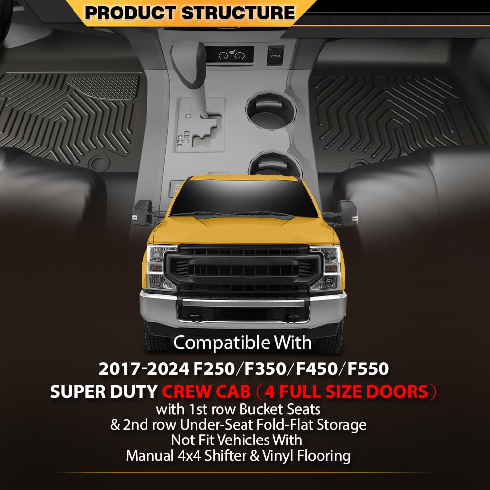 G-PLUS TPE Floor Mats Compatible with Ford F250 F350 F450 2017-2024 Super Duty Crew Cab w/Under Seat Storage Floor Liners All We