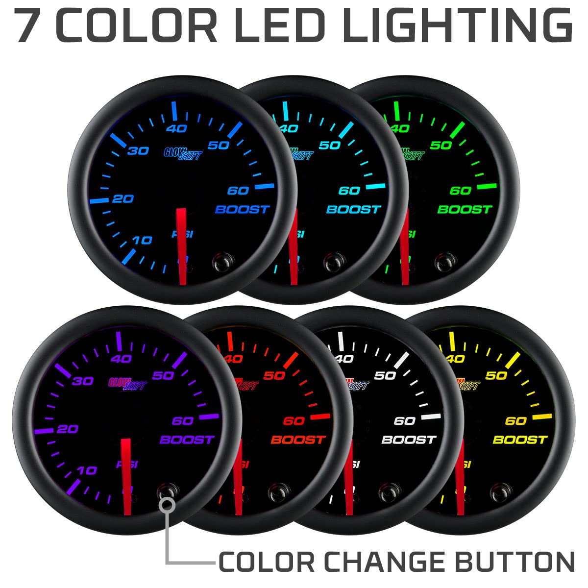 GlowShift Turbo Boost Gauge Kit - 60 PSI, 7 Color Display, Mechanical Hose, 2-1/16" (52mm), Model GS-C701_60, Black Dial