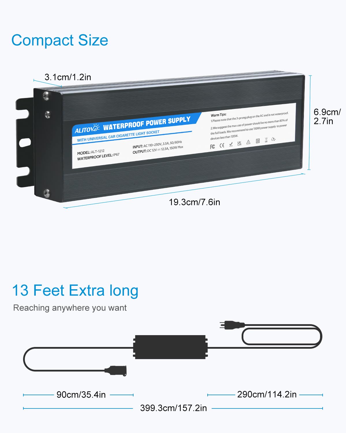 Alitove Ac To Dc Converter 110V To 12V 12.5A 150W Max Outdoor Power Supply 13Ft Ip67 Waterproof Ac/Dc Adapter With Car Cigarette