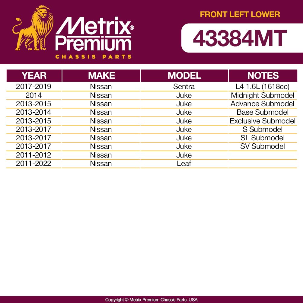 Metrix Premium Chassis Parts - Front Left Lower Control Arm W Ball Joint & Bushing Assembly Fits 17-19 Nissan Sentra, 2011-2017