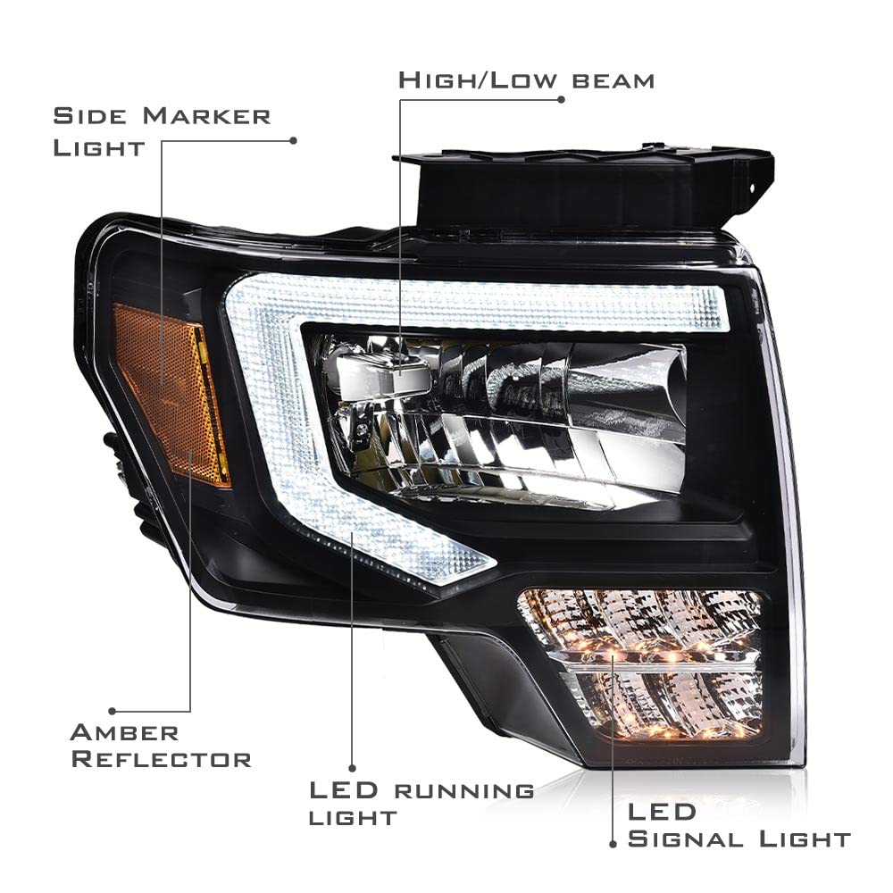Pit66 Led Headlight Assembly Compatible With Ford F150 2009 2010 2011 2012 2013 2014, Driver & Passenger Clear Lens Black Housin