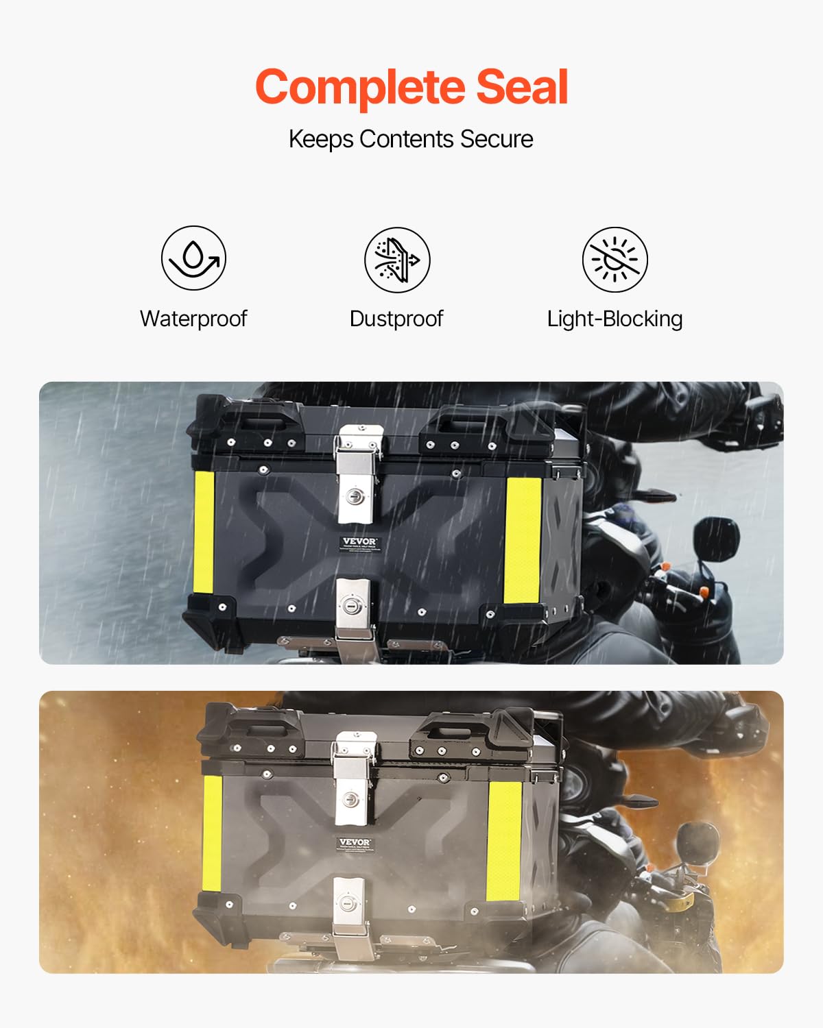 VEVOR Motorcycle Top Case 65L, Universal Aluminum Alloy Motorbike Tail Box with Leather Lining, 65L Waterproof Detachable Motorc