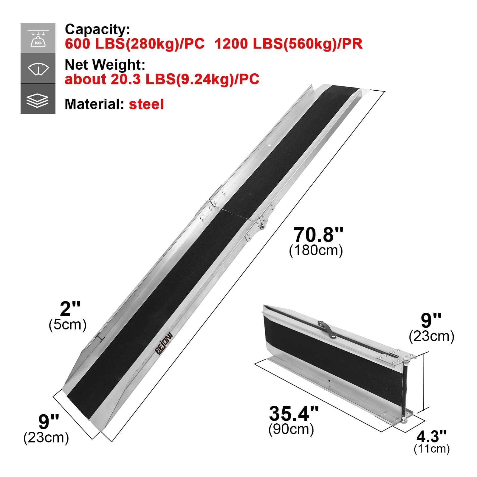 BEJONI 70.8'' L x 9'' W Folding Loading Ramp, 600 Lbs Capacity, Portable Mower Ramp with Handle, Tailgate Ramp with Non-Skid Sur