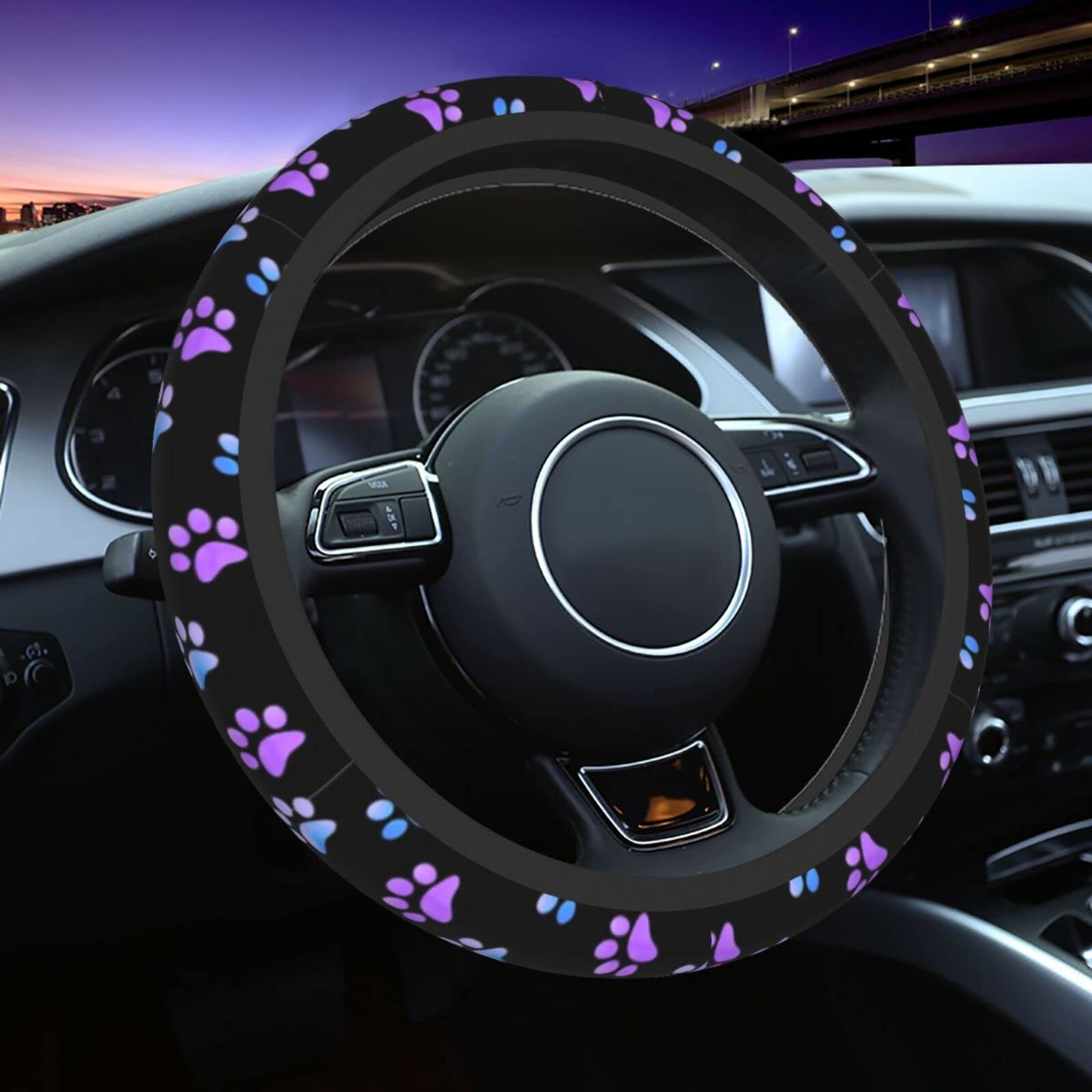 Paw Prints Steering Wheel Cover For Women Men, 15 Inches Purple Galaxy Neoprene Anti-Slip Cute Universal Car Steering Wheel Grip Wrap Car Accessories Protective Case Cover For Vehicle Truck Suv