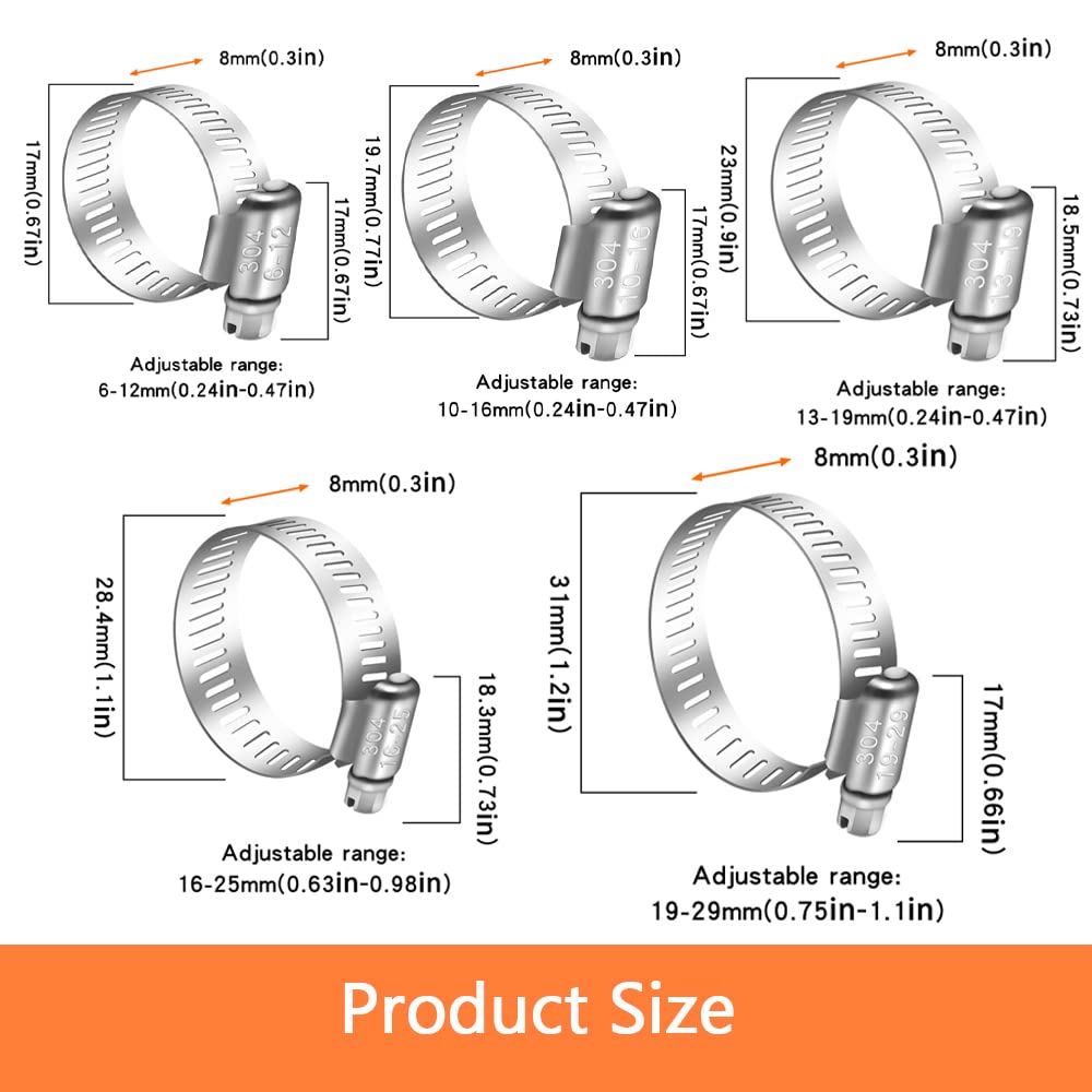 Dianrui 42 Pcs Hose Clamps Assortment Kit 1/4'–1-1/8' (6-29Mm) Hose Clamps Stainless Steel 304 Worm Gear Fuel Line Hose Clamp For Pipe, Fuel Line, Plumbing, Intercooler, Tube And Automotive
