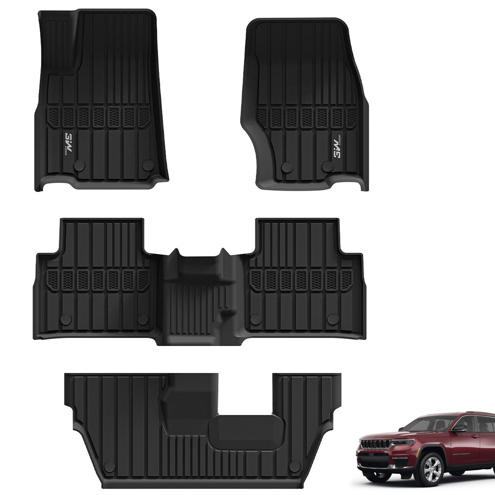 3W Floor Mats Fit For Jeep Grand Cherokee L 7 Seat 2021-2025 All Weather Tpe Custom Fit Floor Liner For 1-3 Rows Full Set Car Ma