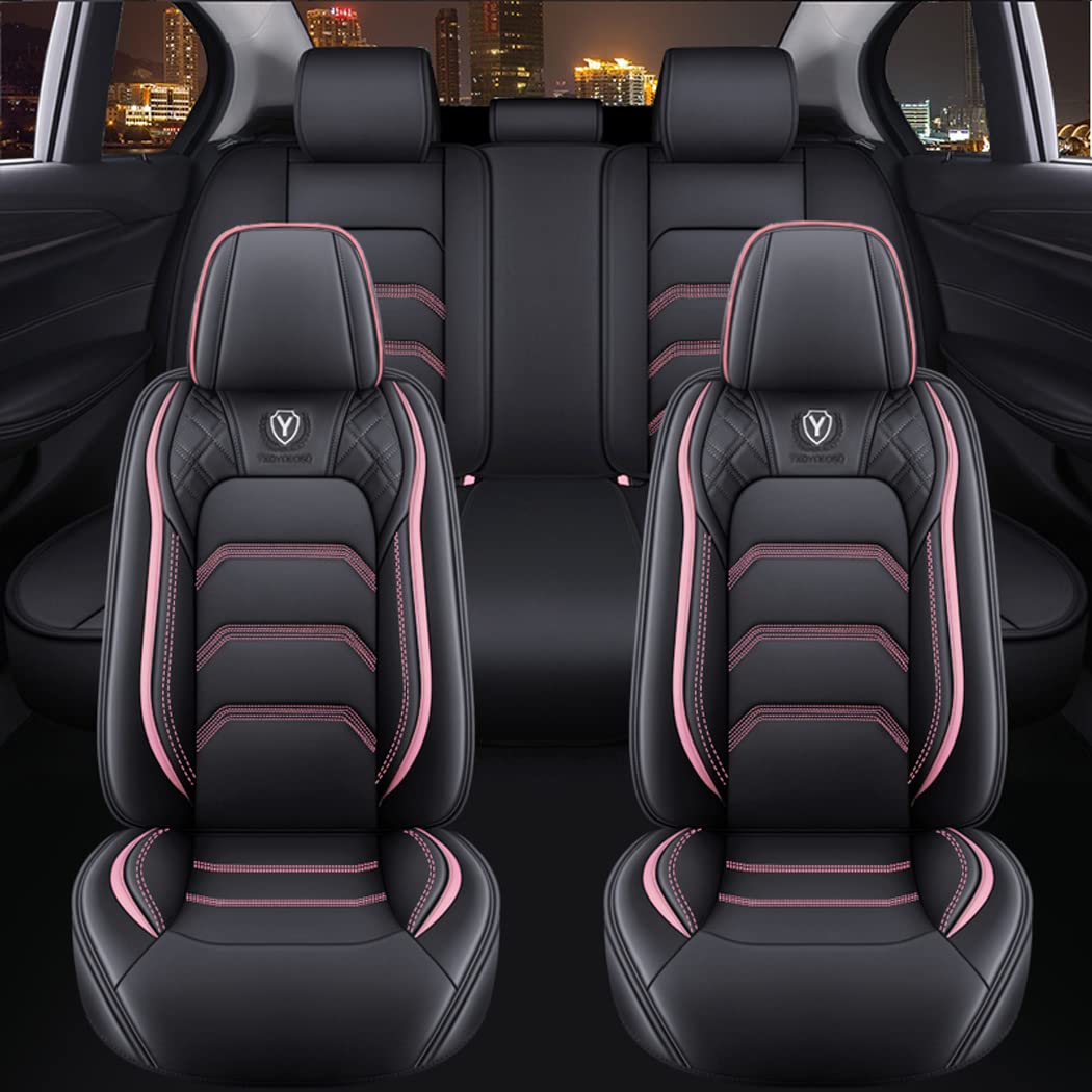 YXQYOEOSO Comfortable Leather Auto Car Seat Covers 5 Seats Full Set Universal Fit (Black & Pink