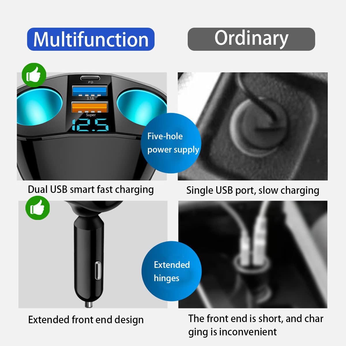 Car Cigarette Lighter Splitter, 2-Socket Cigarette Lighter Adapter With Led Voltmeter, Dual Usb Qc3.0 Type-C 20W Pd Fast Car Cha