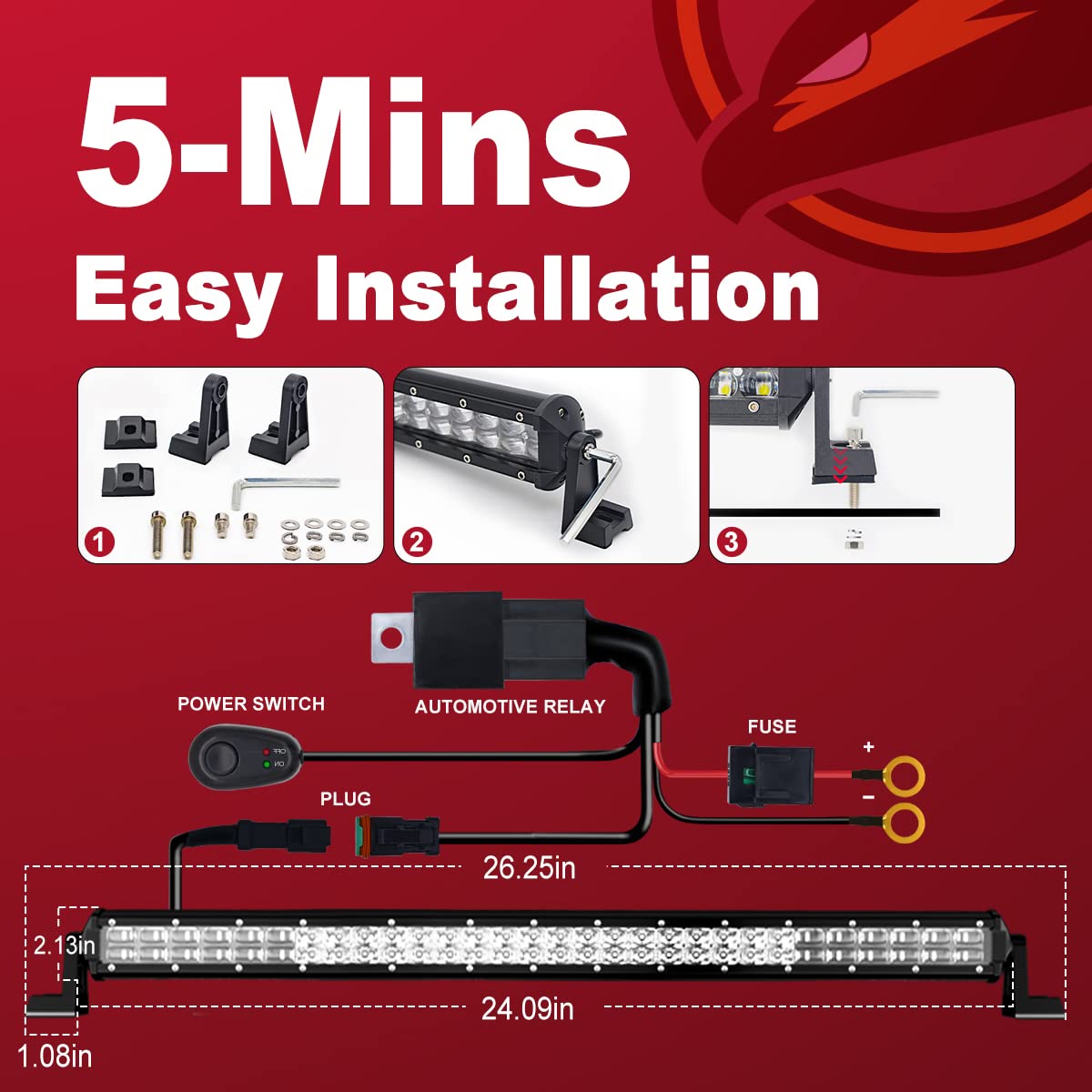 Firehawk Led Light Bar 24 Inch 60,000Lm, 2025 New Japanese L-A-B Chips, Spot Flood Combo Beam, Driving Off Road Fog Work For Tru