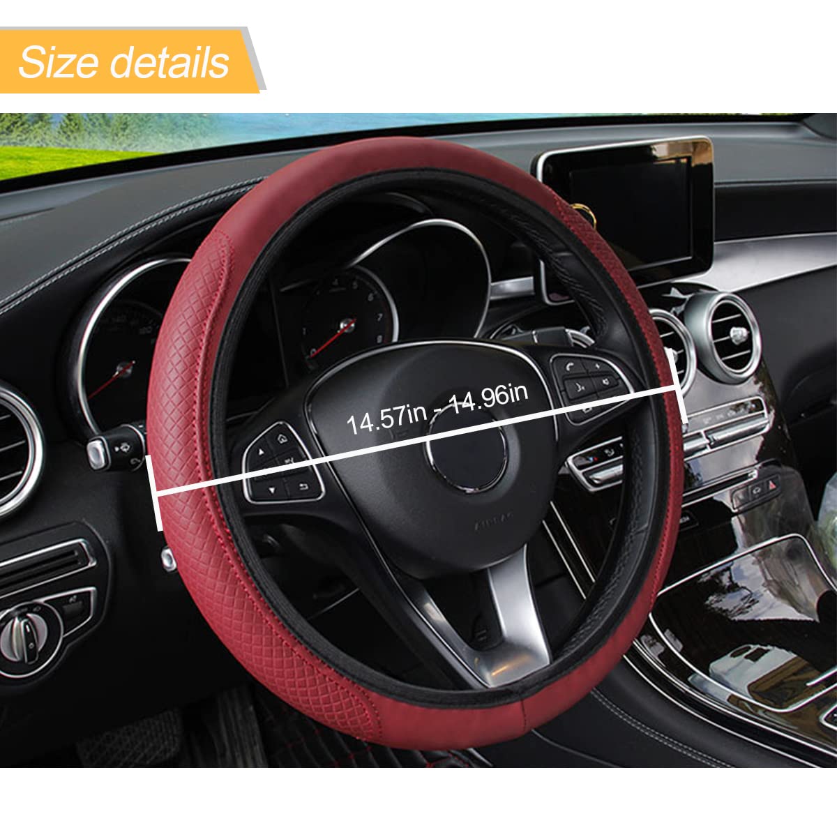 Leather Car Steering Wheel Cover, Anti-Slip Breathable Microfiber Leather Steering Wheel Protector For Women Men, Universal 15'' Elastic Soft Odorless, Car Accessories For Car, Truck, Suv (Wine Red)