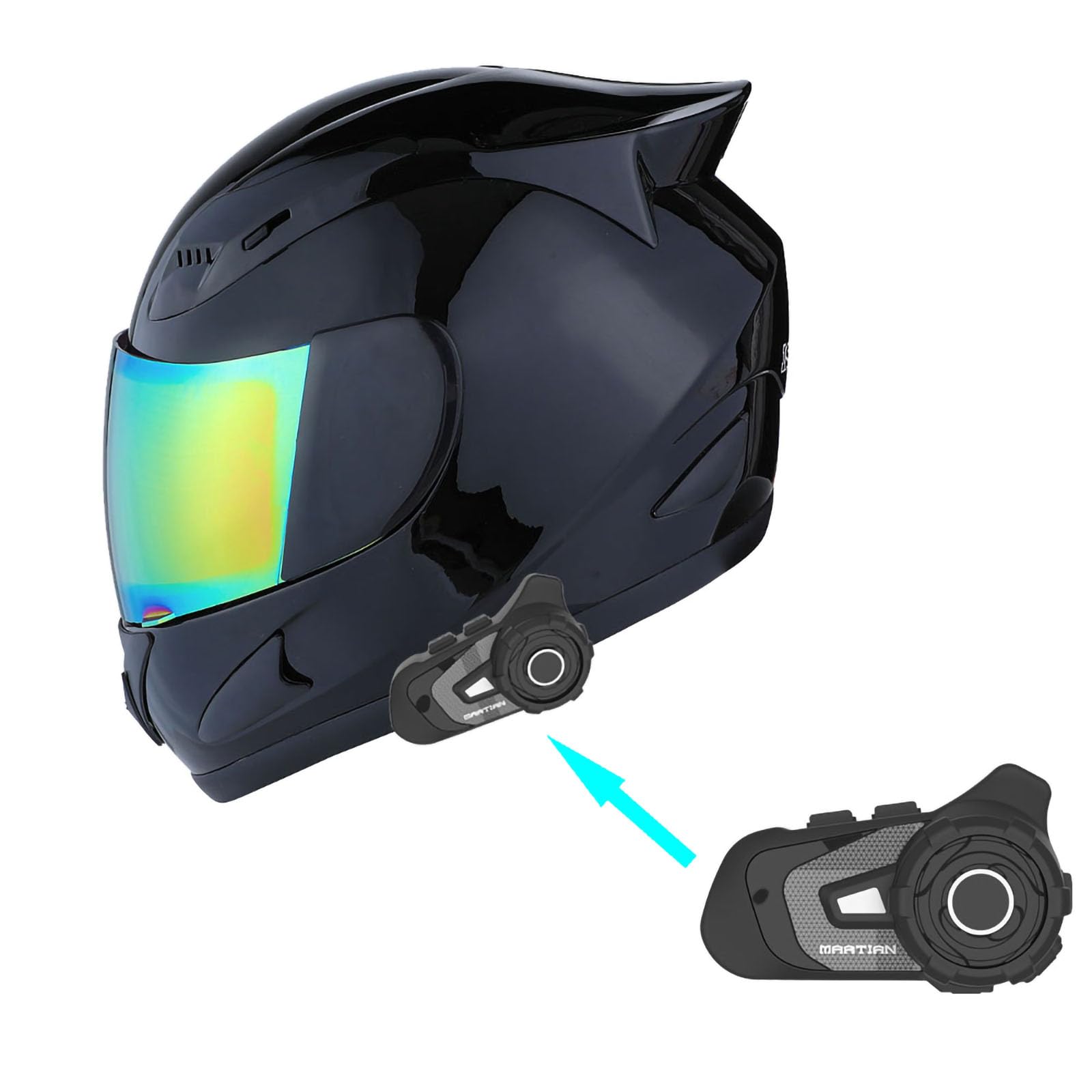 1Storm Motorcycle Bike Full Face Helmet Mechanic + Motorcycle Bluetooth Headset: Glossy Black