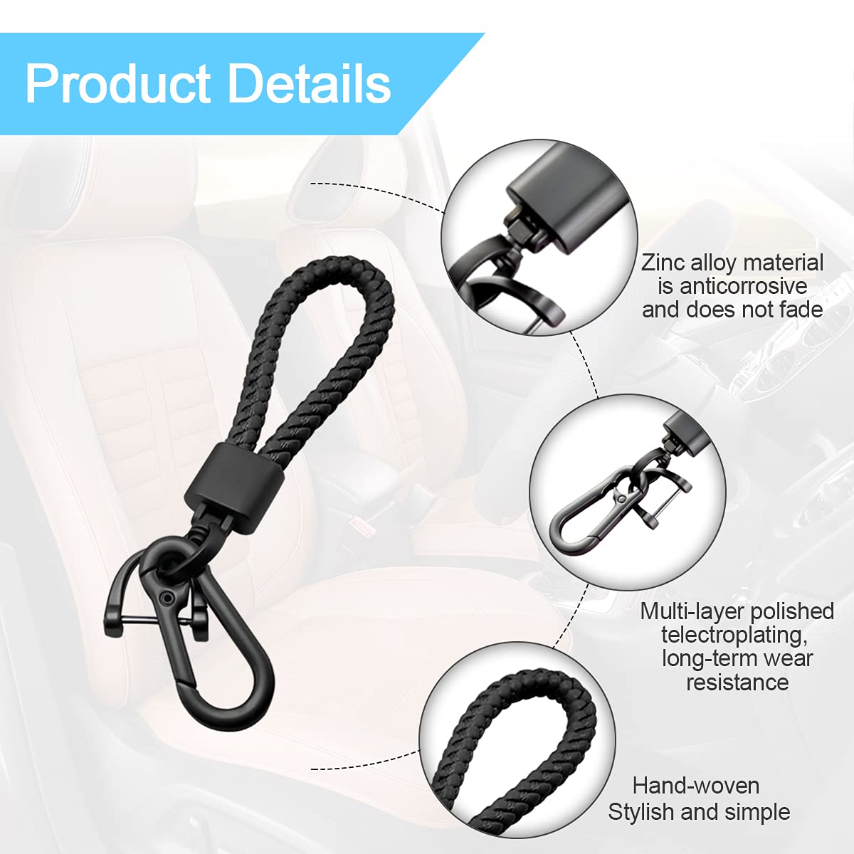 Car Key Acorn Weave Paracode Key Chain Ring, Thick Leather Braid Rope Car Keychain Ring For Men And Women, Suit For All Cars (Black)