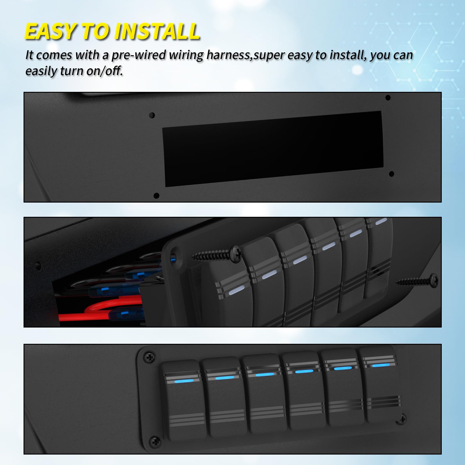 Joinfworld 6 Gang Rocker Switch Panel 12V Marine Boat Switch Panel Waterproof 12 Volt Blue Led Light Toggle Switch Panel On Off With Pre-Wired For Boat Automotive Car Truck Rv Utv