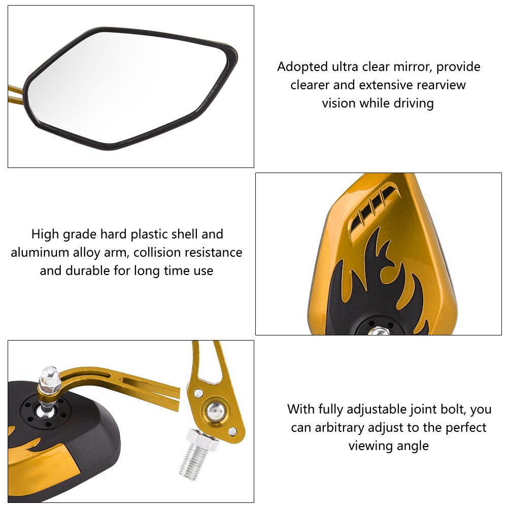 1 Pair Universal Motorcycle Rearview Side Mirrors, Keenso Adjustable Aluminum Handlebar Rear View Side Mirrors Flame Pattern Motorbike Scooter 10Mm 8Mm (Yellow)