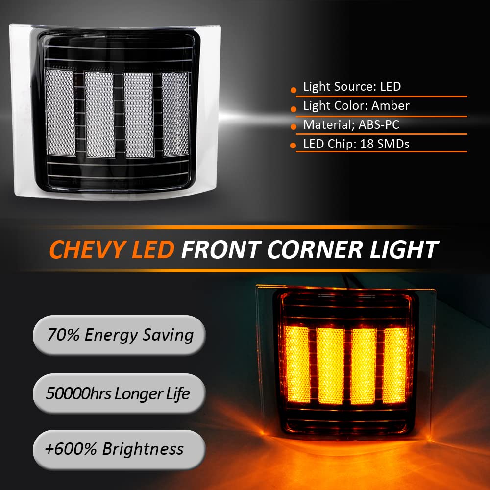 Bestview Side Marker Turn Signal Lights Led Corner Light Assembly, Chrome Housing Clear Lens For Chevy C/K C10 Pickup Truck 1500