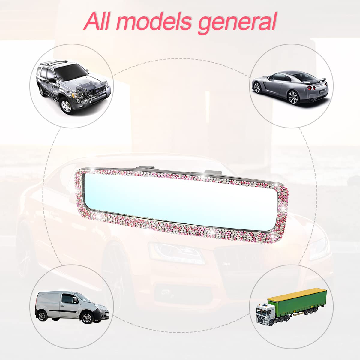 Car Bling Rearview Mirror, Rhinestones Crystal Diamonds Rear View Mirrors With Hd Glass, Universal Clip-On Rear View Mirrors For