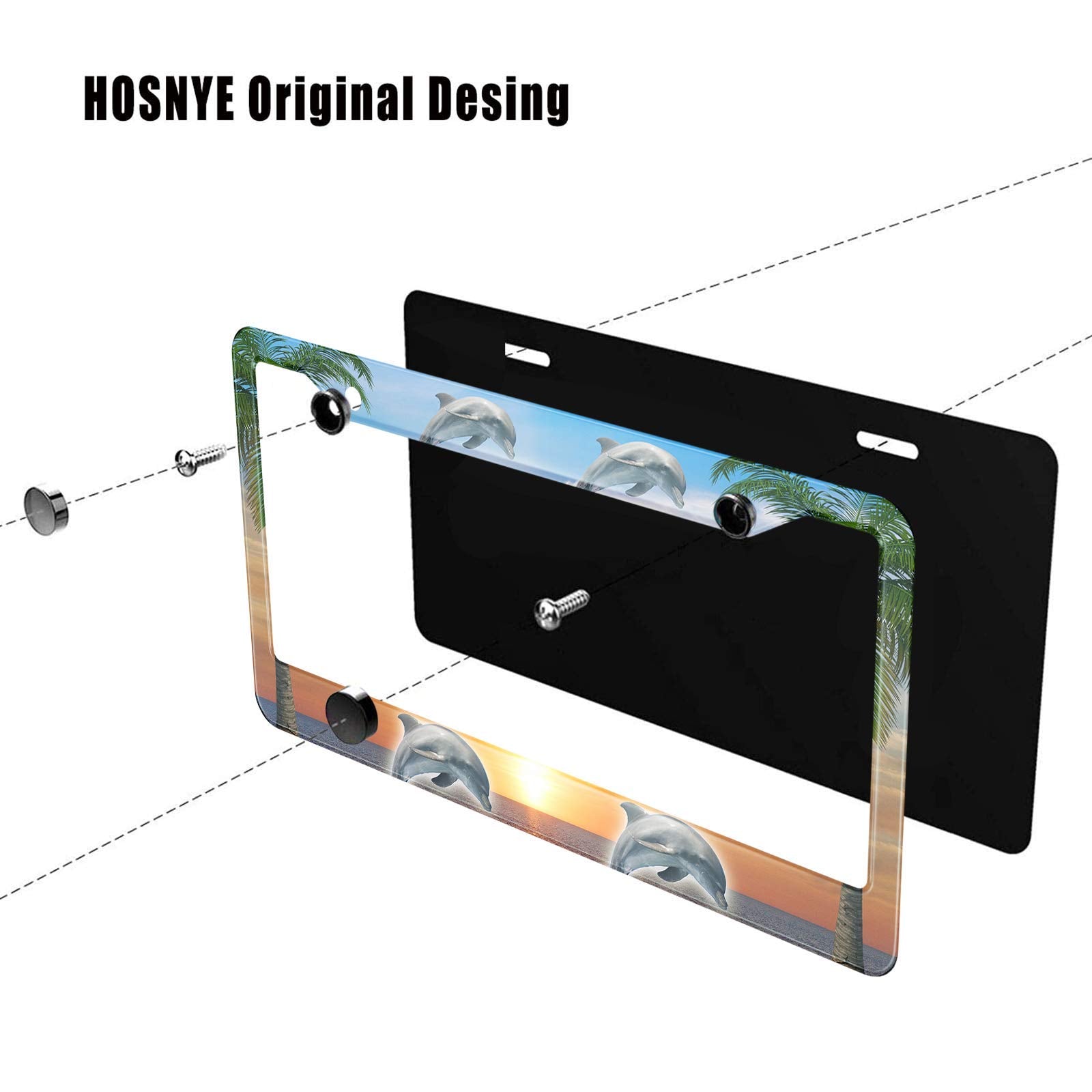 HOSNYE Jumping in The Sunset by The Sea License Plate Frame Metal License Plate Cover Front Plates Frames Car Tag Frame for Wome