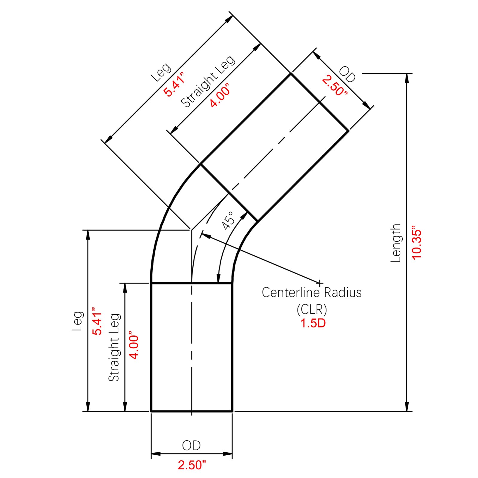 Ac Performance 2.5'' (63Mm) Od 45 Degree Aluminum Elbow Intercooler Pipe Air Intake Tube, 1.5D Radius, Brushed Finish