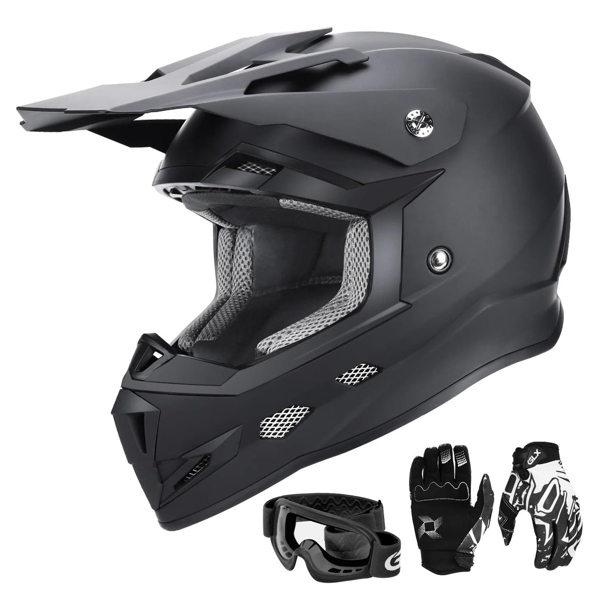 Glx Gx623 Youth Atv/Dirt Bike Helmet Combo - Matte Black, Medium - Dot