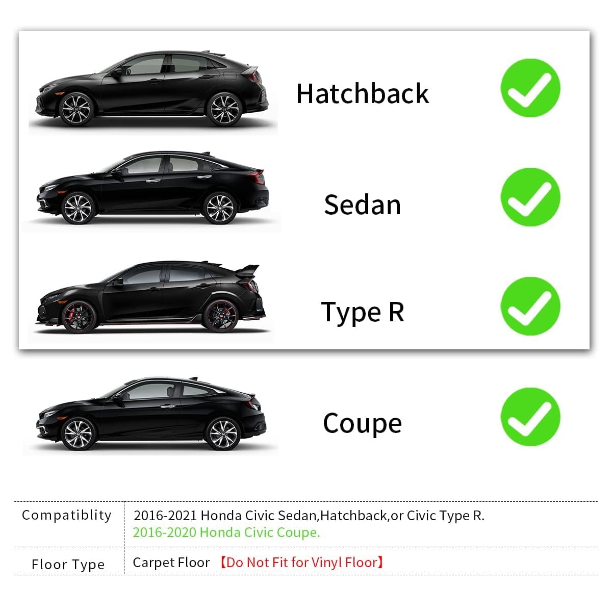 Yitamotor Floor Mats Fit For 2016-2021 Honda Civic Coupe/Sedan/Type R, 2017-2021 Honda Civic Hatchback, Custom Fit Civic Floor L