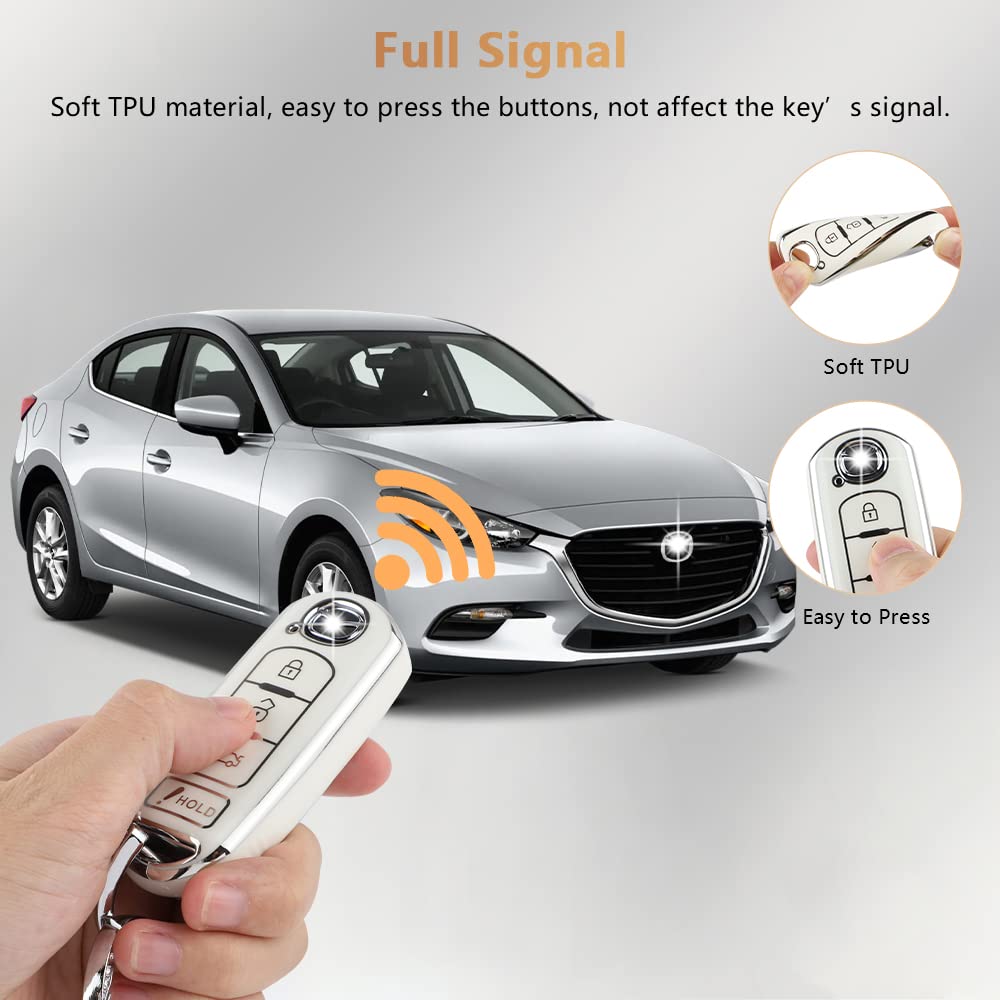 Pifoog Key Fob Cover For Mazda Tpu Soft Car Smart Keys Case Shell 4 Button Key Full Covers For Mazda 3 6 Cx5 Cx9 Cx3 Mx5 Bling Keychain Accessories Girly Women White Silver