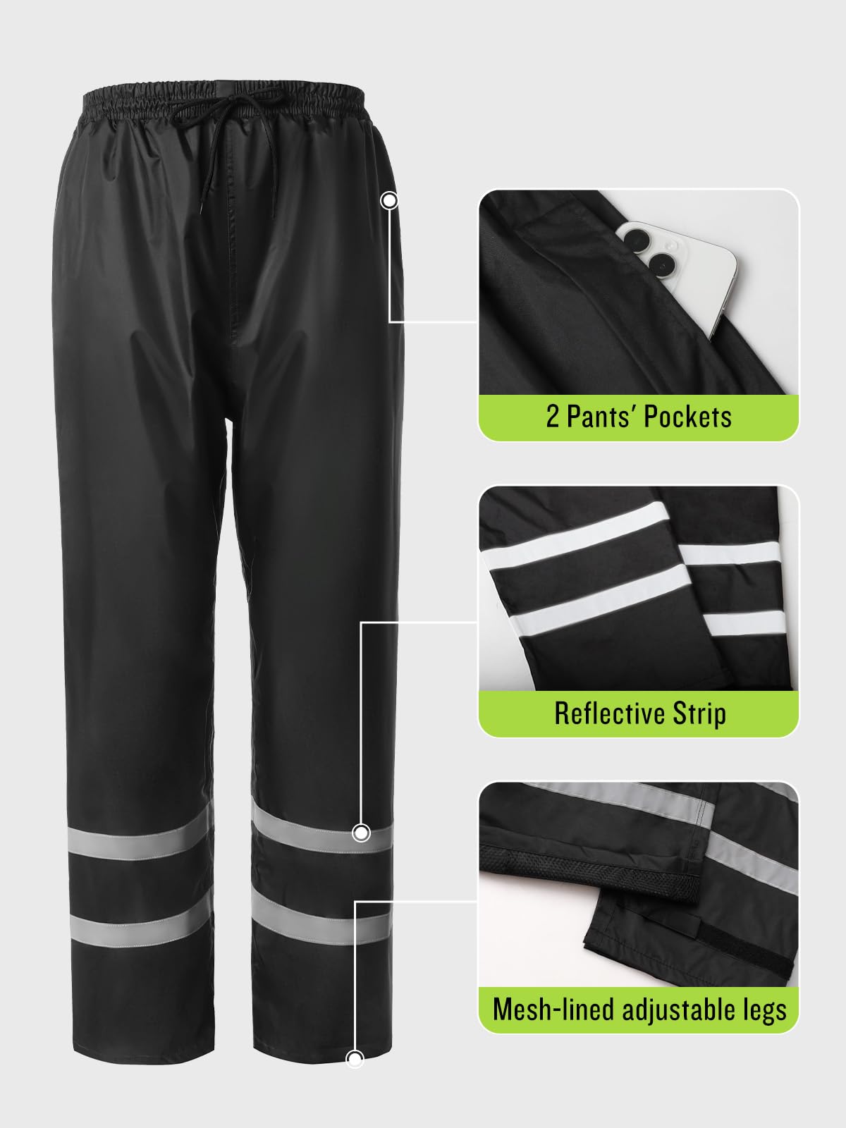 Men&Women Rain Suit High Visibility Reflective Work Rain Jacket Pants For All Sport Farm Fishing Motorcycle, Hi-Vis Black, Xx-La