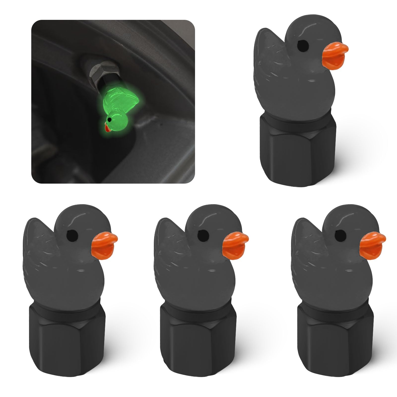 xbrtaia 4 Pack Cute Duck tire Valve caps, Glow in The Dark Tire Valve Caps, Interesting and Practical Tire Decoration, Can be Us