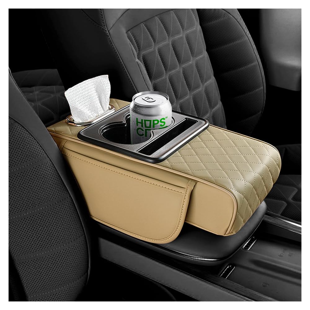 5-in-1 Car Center Console Cover,Multifunctional Arm Rest Cover for Car with Cup Holder,Phone Holder,Pocket,Car Tissue Holder,Lea