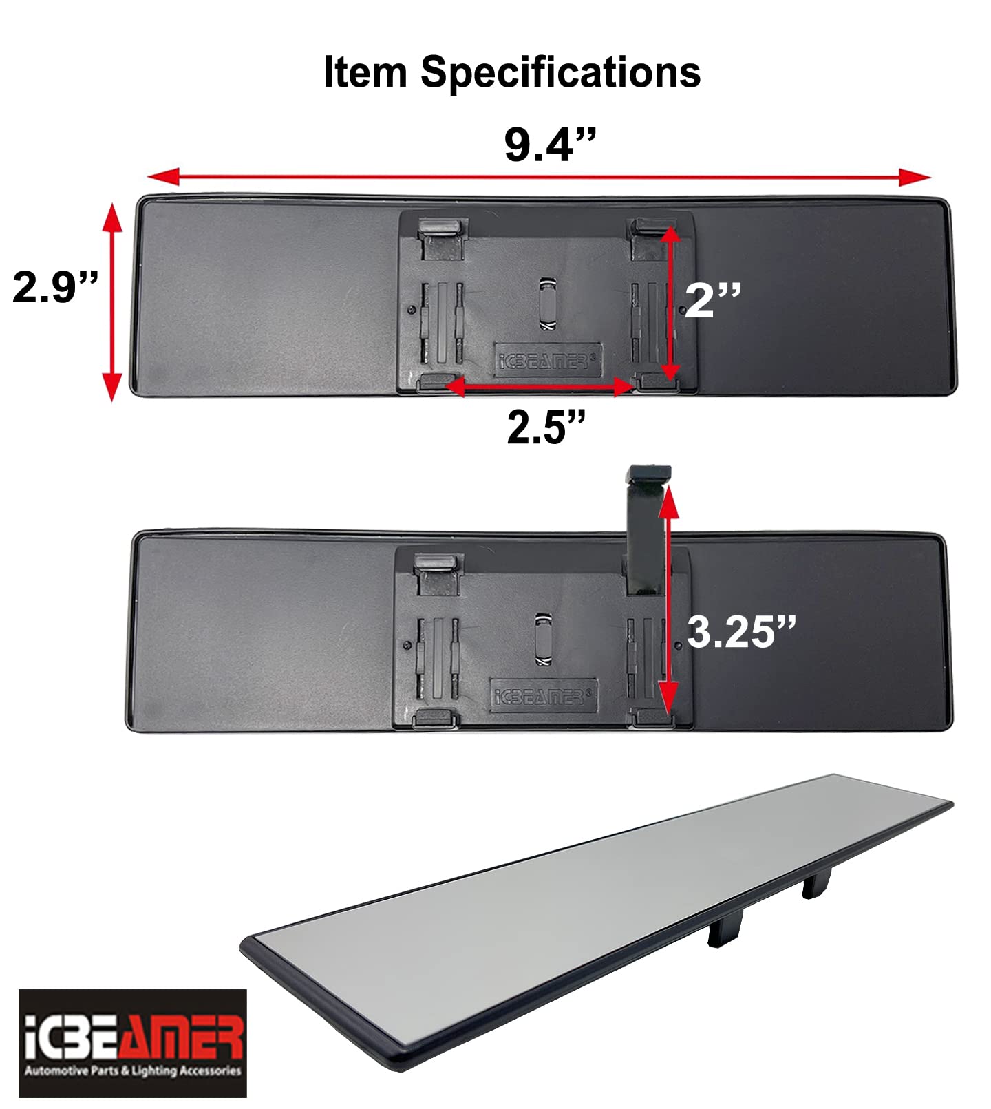 Icbeamer 9.4'' 240Mm Easy Clip On Universal Fit Wide Angle Panoramic Auto Interior Rearview Mirror ''Flat Clear Surface''