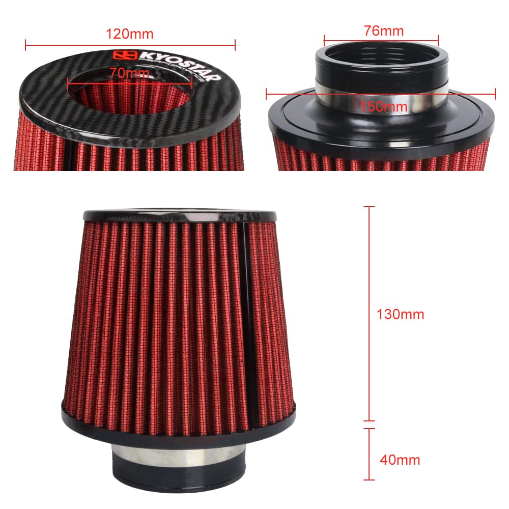 Kyostar 3 Inch 76mm Cold Air Intake Filter Cone Universal Carbon Fiber Replacement High Flow Dry Air Filter Red