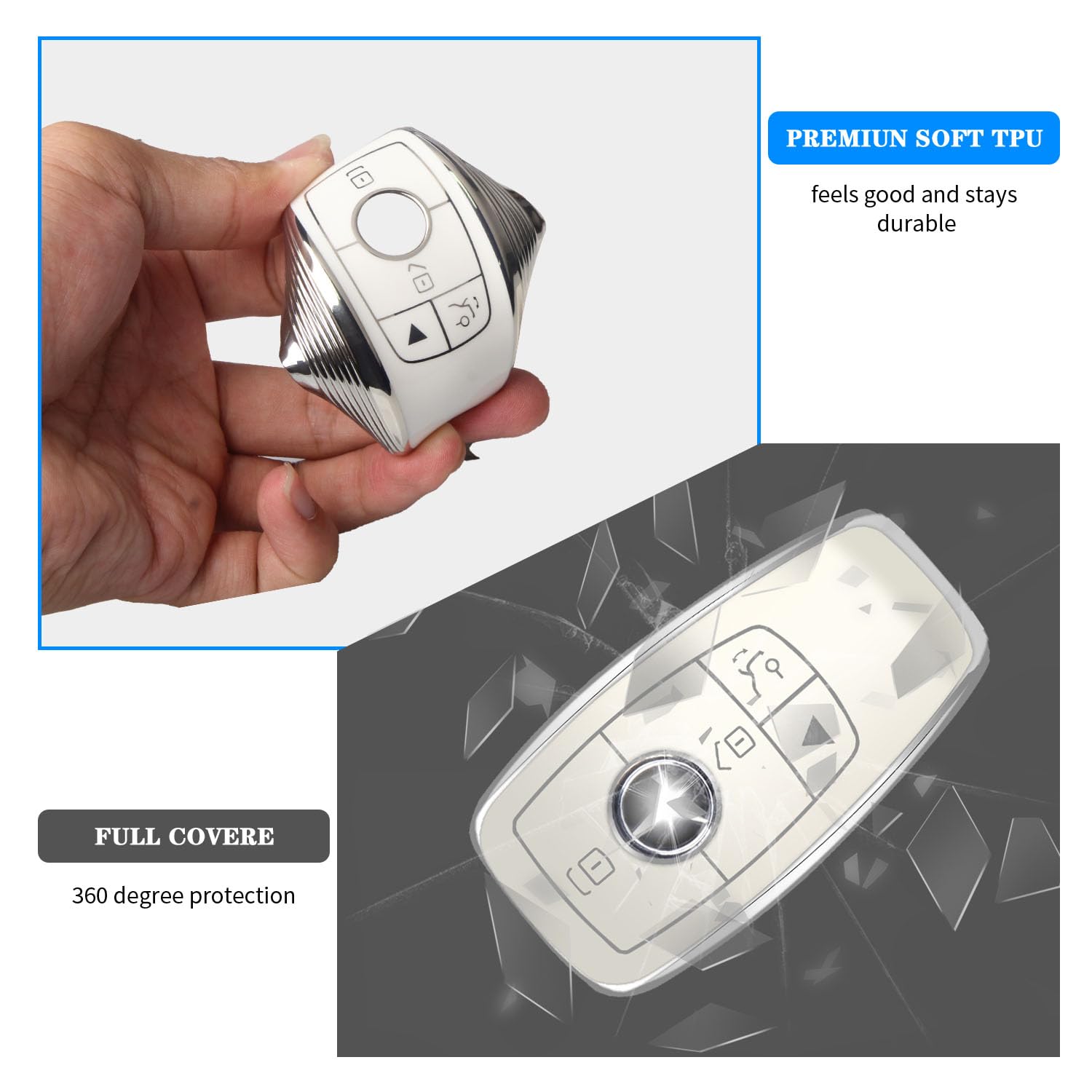 Qbuc For Mercedes Benz Key Fob Cover With Keychain,Compatible With C E R S G S Cls Clk Glc Ml Gle Gls Sl Slr Mclaren Amg Key (Wh